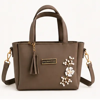 STYLE BEAUTY HUB Elegant Floral Pearl Tote Handbag with Shoulder Strap – Brown